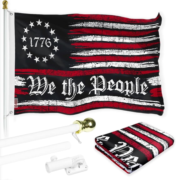 G128 Combo Pack: 6 Ft Tangle Free Aluminum Spinning Flagpole (White) & We the People American Flag 3x5 Ft, LiteWeave Pro Series Printed 150D Polyester | Pole with Flag Included