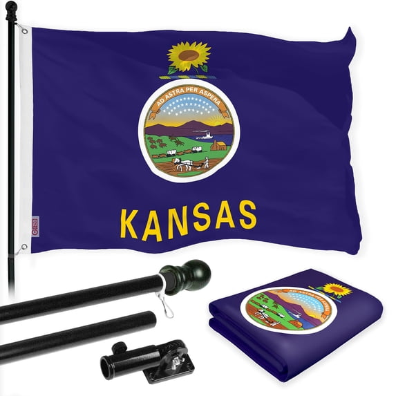 G128 Combo Pack: 6 Ft Tangle Free Spinning Flagpole (Black) & Kansas Flag 3x5 Ft Printed 300D Polyester, Brass Grommets (Flag Included) Aluminum Flag Pole