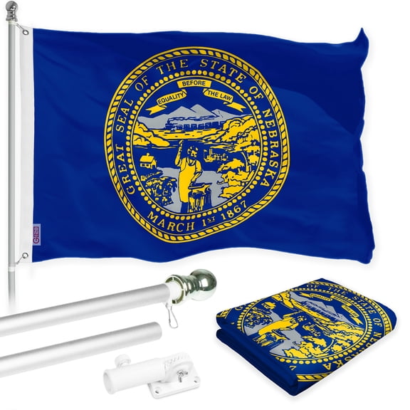 G128 Combo Pack: 6 Ft Tangle Free Spinning Flagpole (Silver) & Nebraska Flag 3x5 Ft Printed 150D Polyester, Brass Grommets (Flag Included) Aluminum Flag Pole