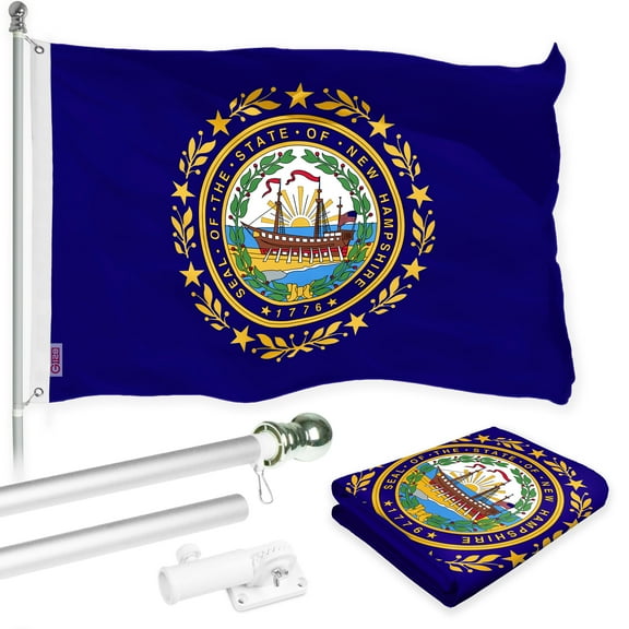 G128 Combo Pack: 6 Ft Tangle Free Spinning Flagpole (Silver) & New Hampshire Flag 3x5 Ft Printed 150D Polyester, Brass Grommets (Flag Included) Aluminum Flag Pole