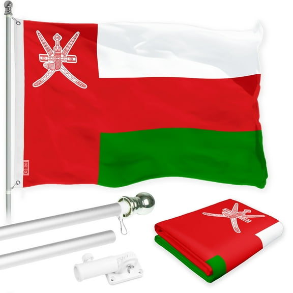 G128 Combo Pack: 6 Ft Tangle Free Spinning Flagpole (Silver) & Oman Flag 3x5 Ft Printed 150D Polyester, Brass Grommets (Flag Included) Aluminum Flag Pole