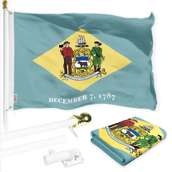 G128 Combo Pack: 6 Ft Tangle Free Spinning Flagpole (White) & Delaware Flag 3x5 Ft Printed 300D Polyester, Brass Grommets (Flag Included) Aluminum Flag Pole