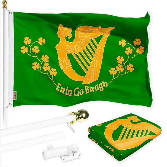 G128 Combo Pack: 6 Ft Tangle Free Spinning Flagpole (White) & Erin Go Bragh Flag 3x5 Ft Printed 150D Polyester, Brass Grommets (Flag Included) Aluminum Flag Pole