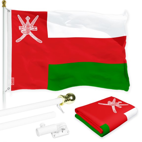 G128 Combo Pack: 6 Ft Tangle Free Spinning Flagpole (White) & Oman Flag 3x5 Ft Printed 150D Polyester, Brass Grommets (Flag Included) Aluminum Flag Pole