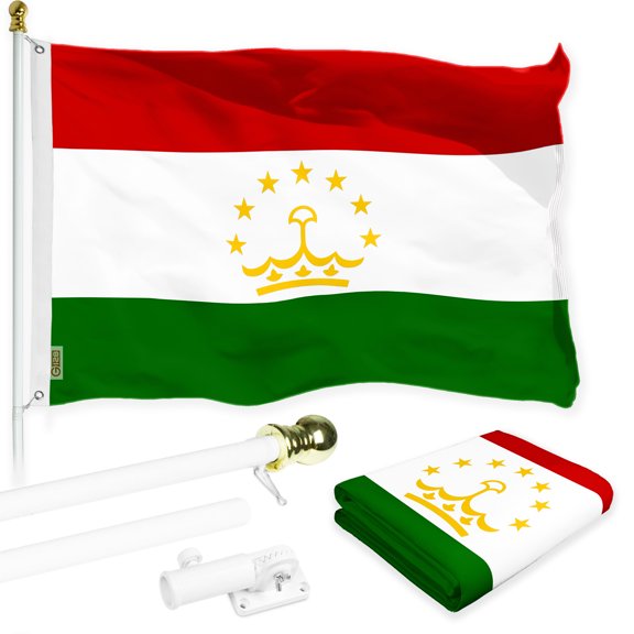 G128 Combo Pack: 6 Ft Tangle Free Spinning Flagpole (White) & Tajikistan Flag 3x5 Ft Printed 150D Polyester, Brass Grommets (Flag Included) Aluminum Flag Pole