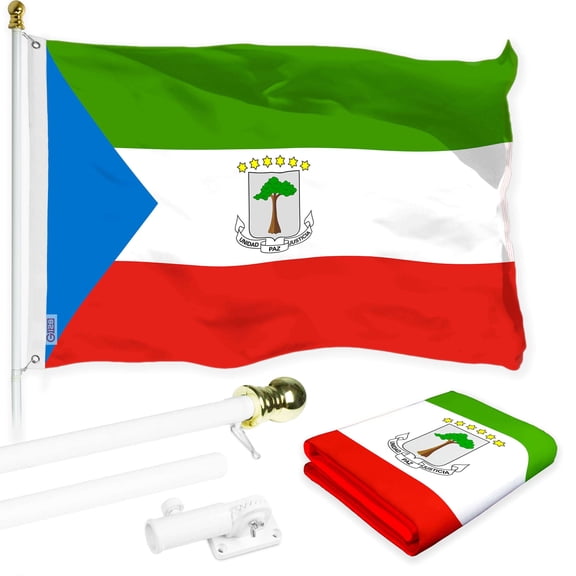 G128 Combo Pack: 6 Ft Twist Free Aluminum Spinning Flagpole (White) & Equatorial Guinea Flag | 3x5 Ft | LiteWeave Pro Series Printed 150D Polyester | Pole with Flag Included