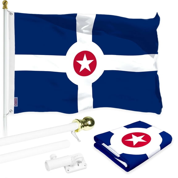 G128 Combo Pack: 6 Ft Twist Free Aluminum Spinning Flagpole (White) & Indianapolis Flag | 3x5 Ft | LiteWeave Pro Series Printed 150D Polyester | Pole with Flag Included