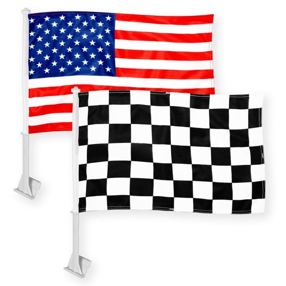 G128 Combo Pack: American USA Car Flag & Checkered Race Car Flag 11x17 In | Both Double Sided Printed 150D Polyester | Flagpole Included | Perfect for Festival Celebrations, Parades