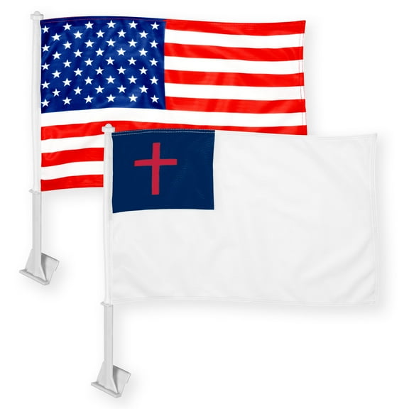 G128 Combo Pack: American USA Car Flag & Christian Religious Car Flag 11x17 In | Both Double Sided Printed 150D Polyester | Flagpole Included | Perfect for Festival Celebrations, Parades