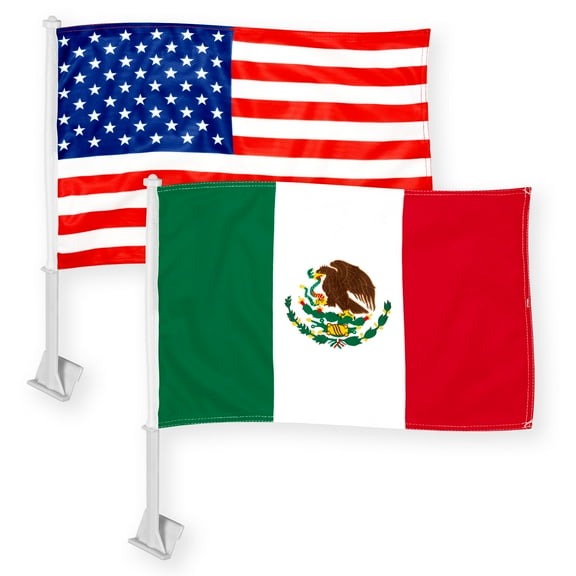 G128 Combo Pack: American USA Car Flag & Mexico Mexican Car Flag 11x17 In | Both Double Sided Printed 150D Polyester | Flagpole Included | Perfect for Festival Celebrations, Parades