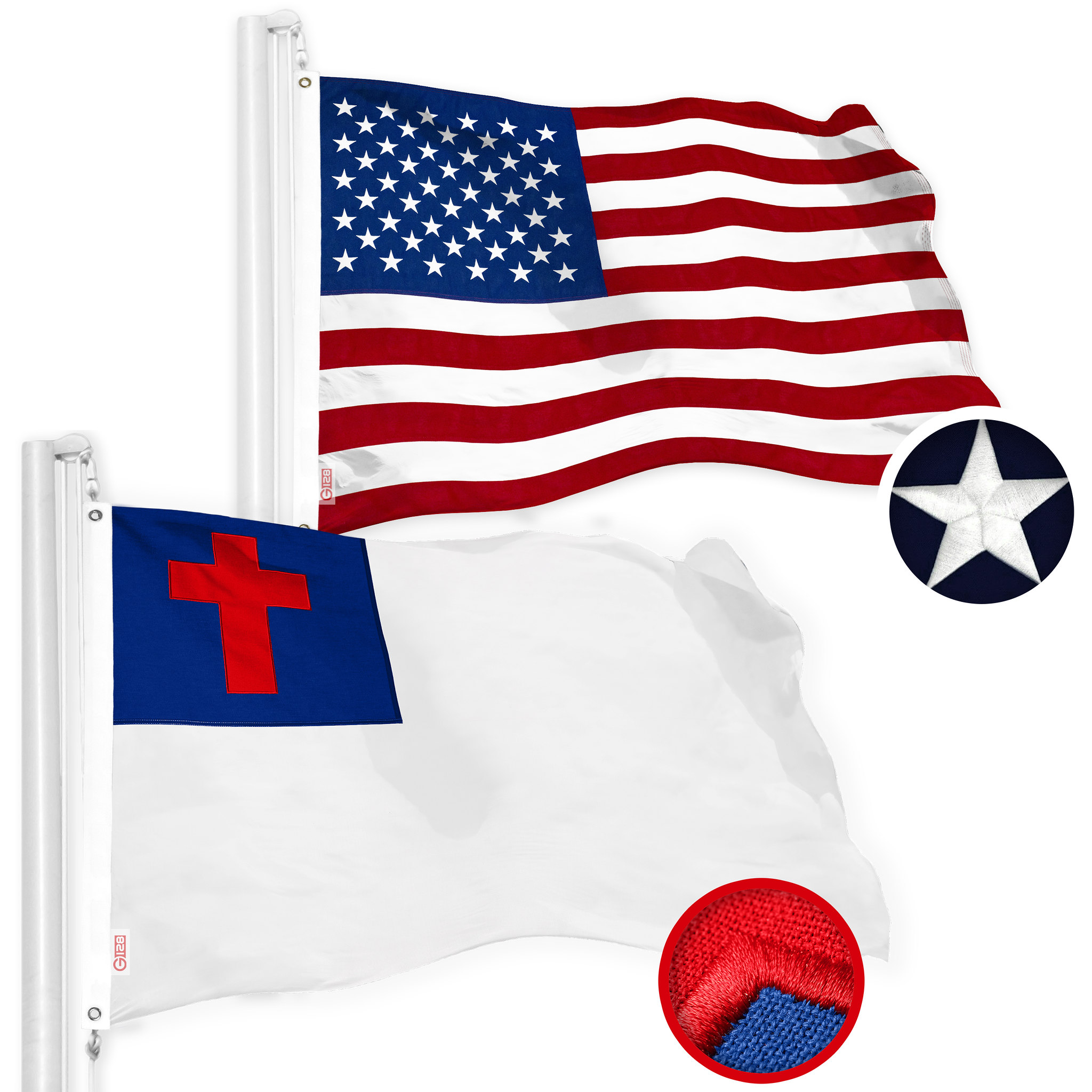 G128 Combo Pack: American USA Flag 2.5x4 Ft & Christian Flag 2.5x4 Ft, Both Embroidered SPUN Polyester, Indoor/Outdoor, Brass Grommets