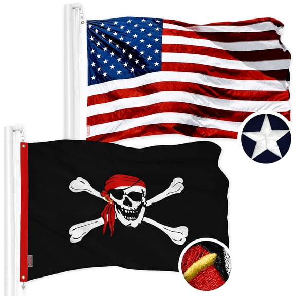 G128 Combo Pack: American USA Flag 20x30 In & Pirate Jolly Roger Red Head Scarf Flag 20x30 In | Both ToughWeave Series Embroidered 300D Polyester, Embroidered Design, Indoor/Outdoor, Brass Grommets