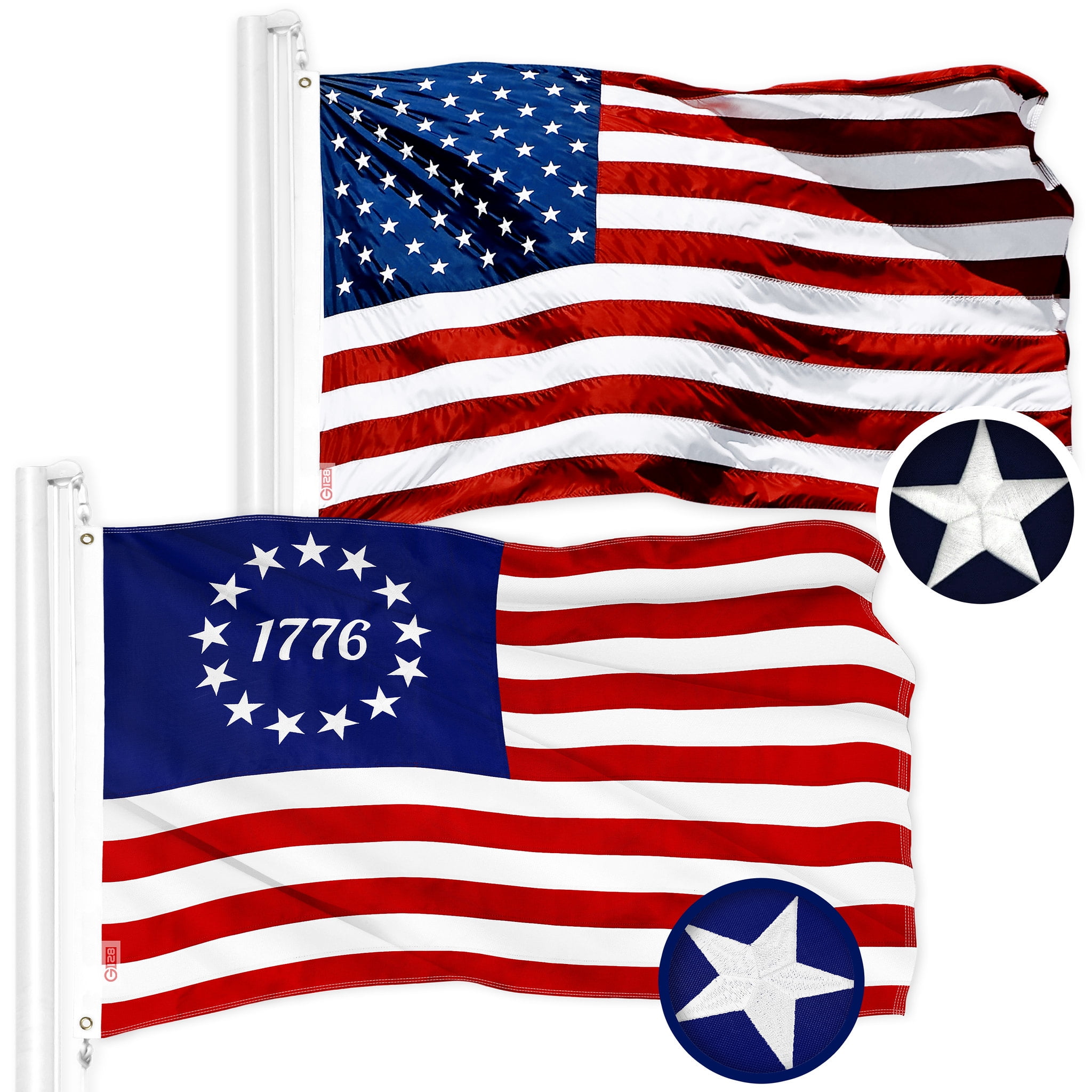G128 Combo Pack: American USA Flag 2x3 Ft & Betsy Ross 1776 Flag 2x3 Ft | Both ToughWeave Series Embroidered 300D Polyester, Embroidered Design, Indoor/Outdoor, Brass Grommets