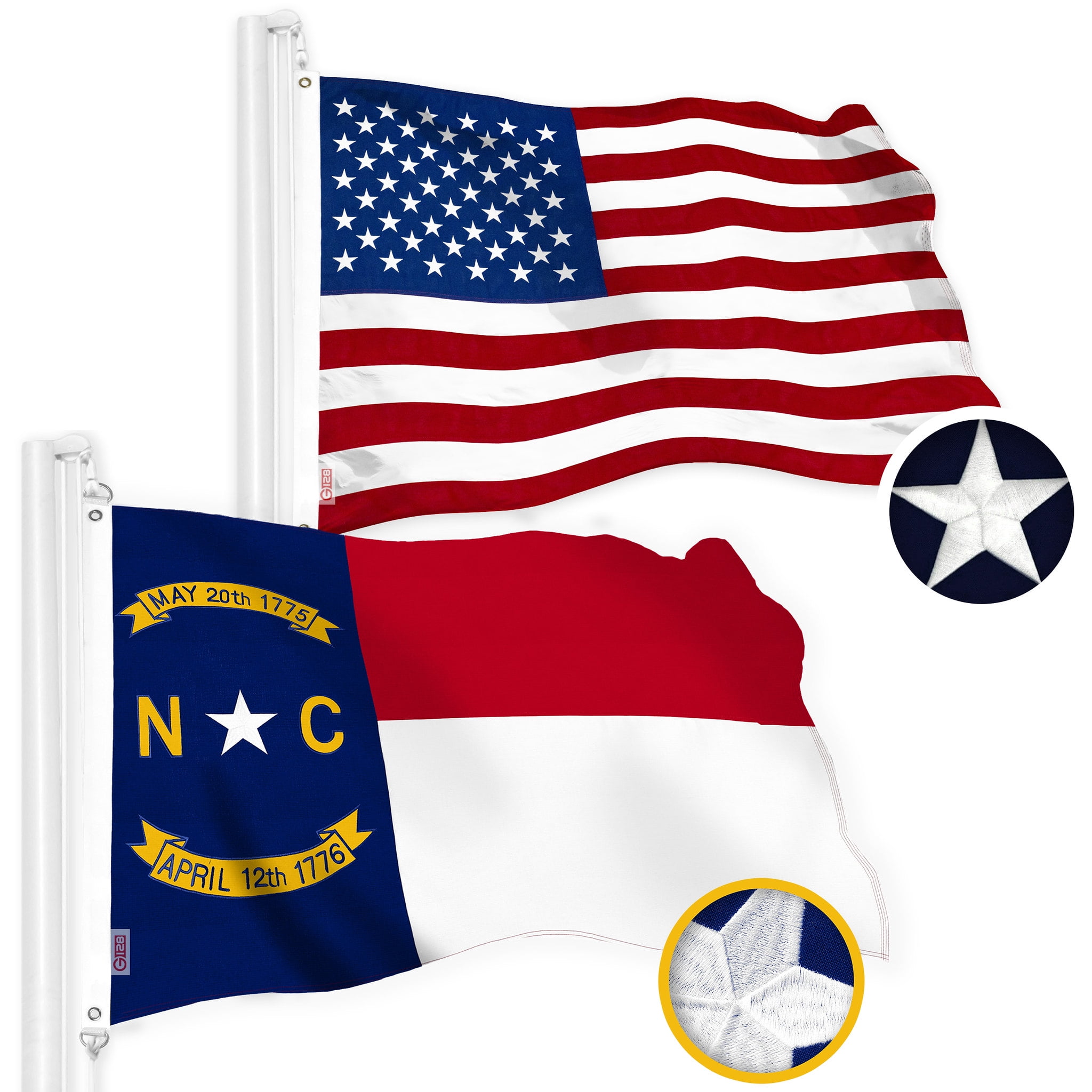 G128 Combo Pack: American USA Flag 2x3 Ft & North Carolina Flag 2x3 Ft, Both Embroidered SPUN Polyester, Indoor/Outdoor, Brass Grommets