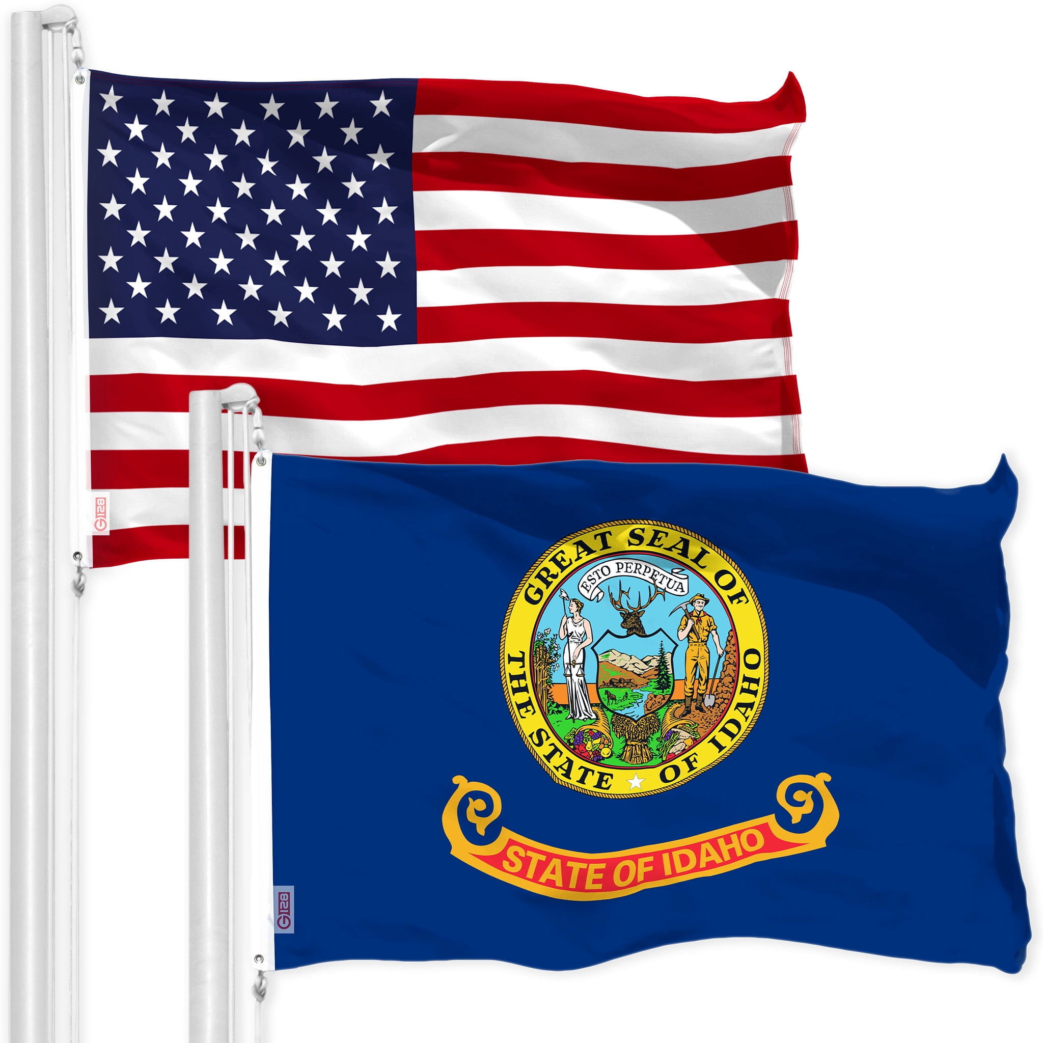 G128 Combo Pack: American USA Flag 3x5 Ft 150D & Idaho ID State Flag 3x5 Ft 300D | Both LiteWeave Pro Series Printed Poly, Brass Grommets