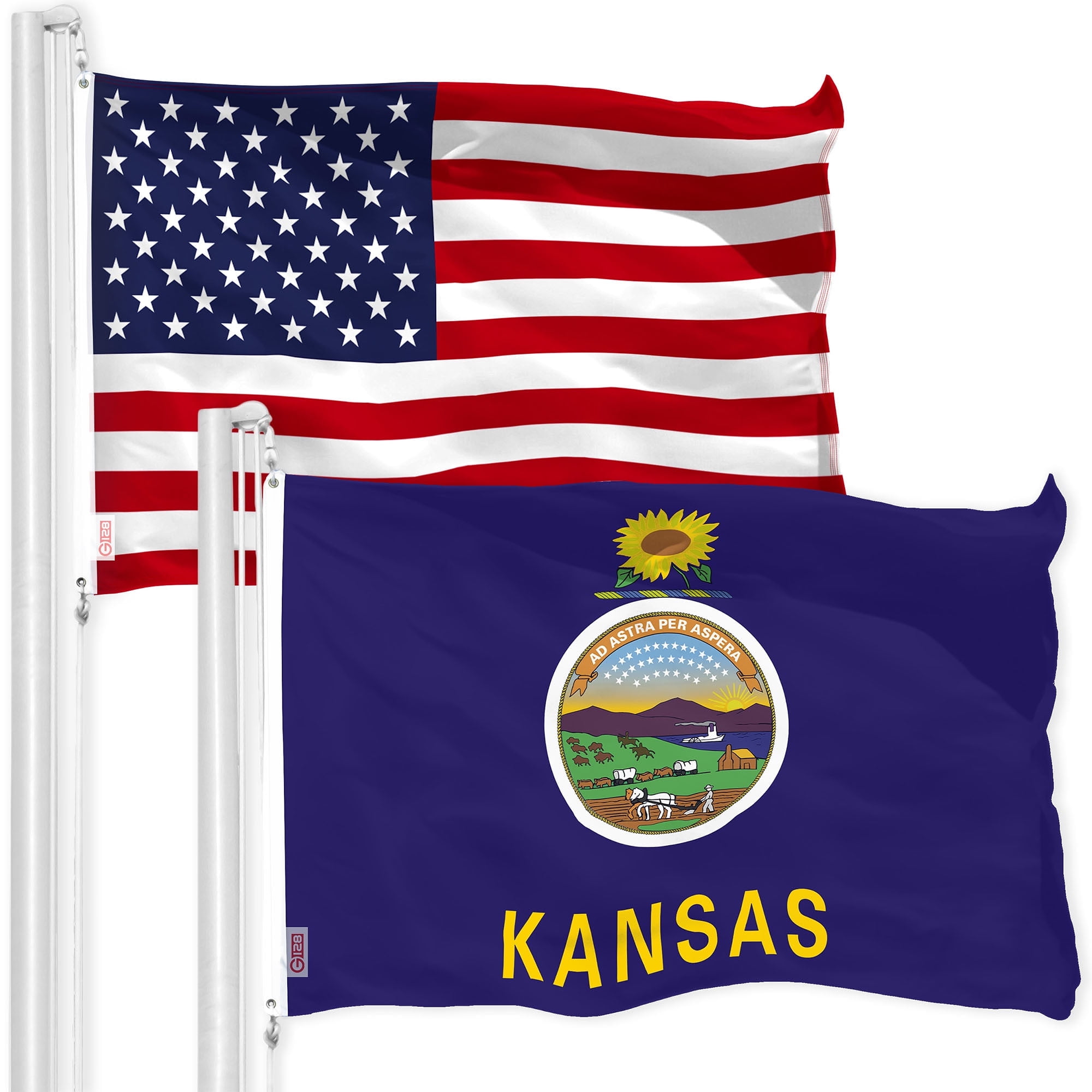 G128 Combo Pack: American USA Flag 3x5 Ft 150D & Kansas Flag 3x5 Ft 300D, Indoor/Outdoor, Brass Grommets