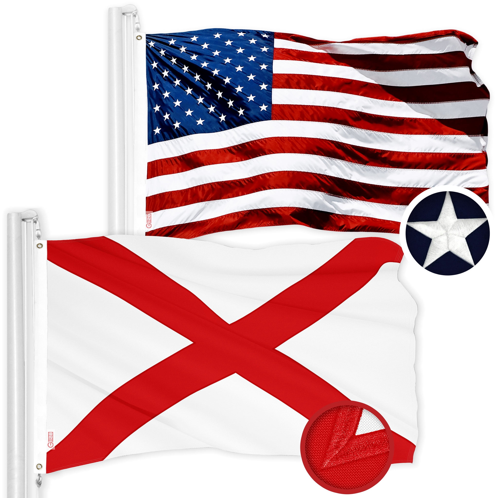G128 Combo Pack: American USA Flag 3x5 Ft & Alabama AL State Flag 3x5 Ft | Both ToughWeave Series Embroidered 300D Polyester, Embroidered Design, Indoor/Outdoor, Brass Grommets