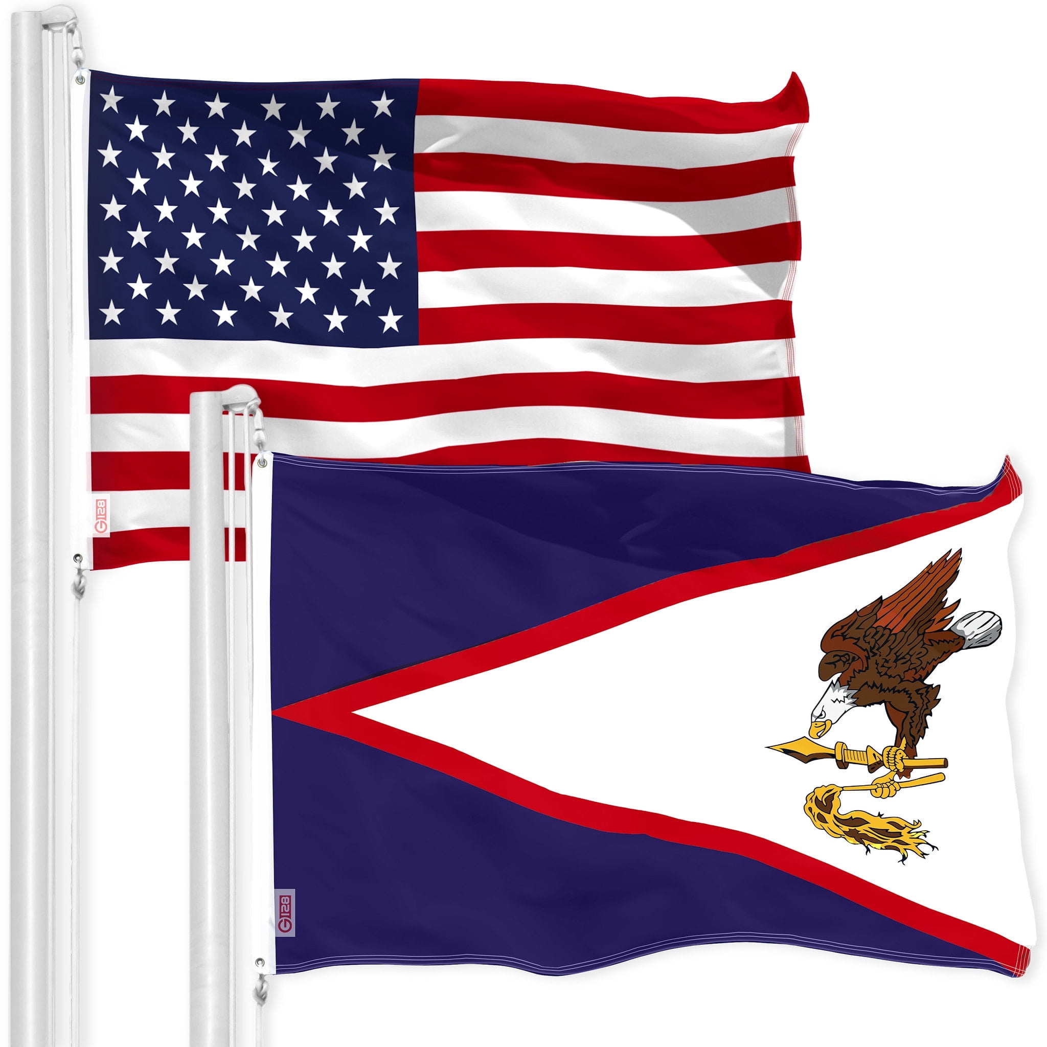 G128 Combo Pack: American USA Flag 3x5 Ft & American Samoa Flag 3x5 Ft, Both Printed Polyester, Indoor/Outdoor, Brass Grommets