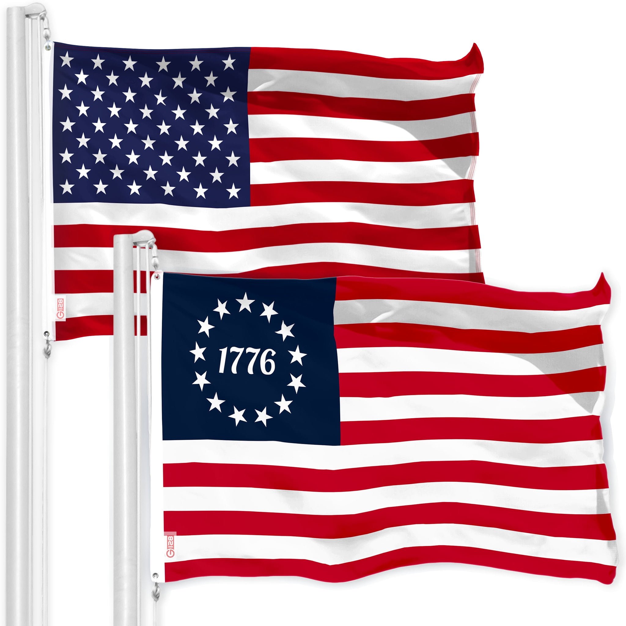 G128 Combo Pack: American USA Flag 3x5 Ft & Betsy Ross 1776 Flag 3x5 Ft | Both LiteWeave Pro Series Printed 150D Polyester, Brass Grommets