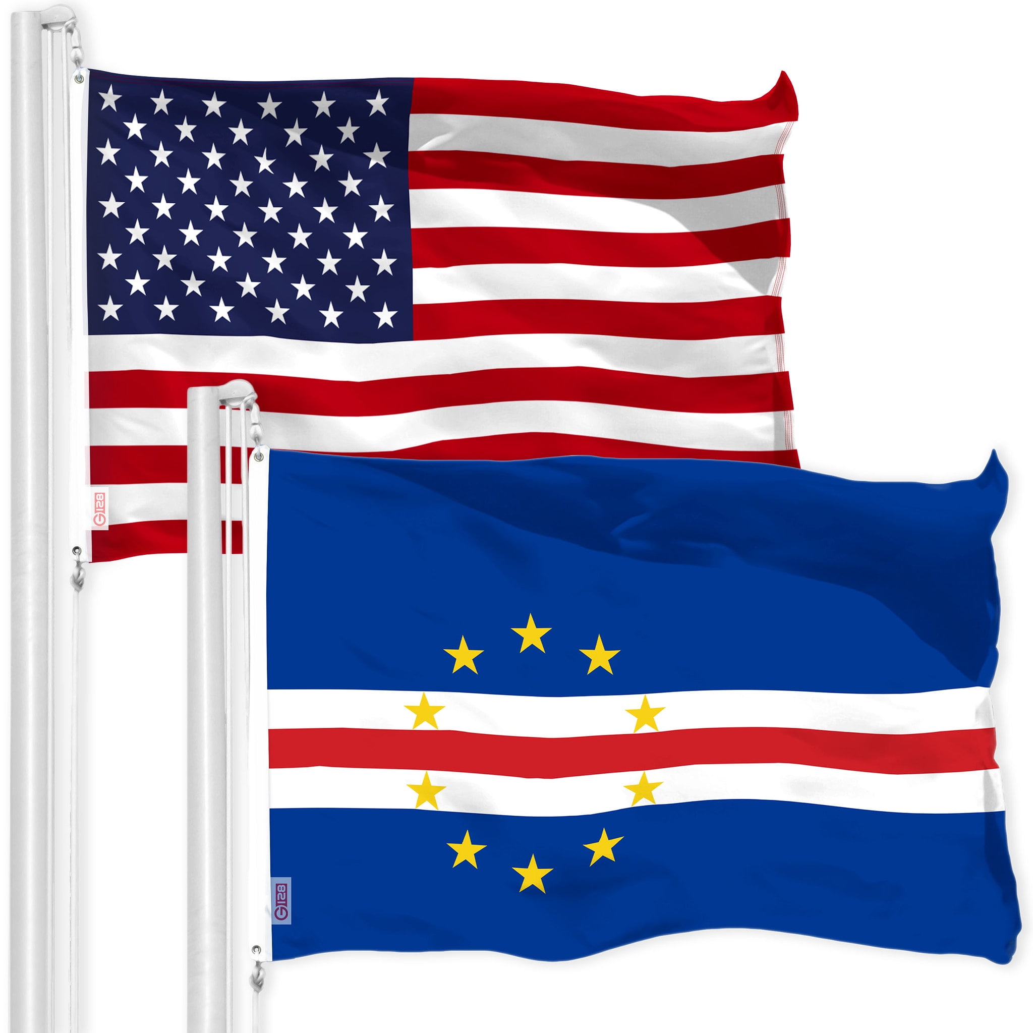 G128 Combo Pack: American USA Flag 3x5 Ft & Cape Verde Cape Verdean Flag 3x5 Ft | Both LiteWeave Pro Series Printed 150D Polyester | Country Flag, Indoor/Outdoor, Vibrant Colors, Brass Grommets