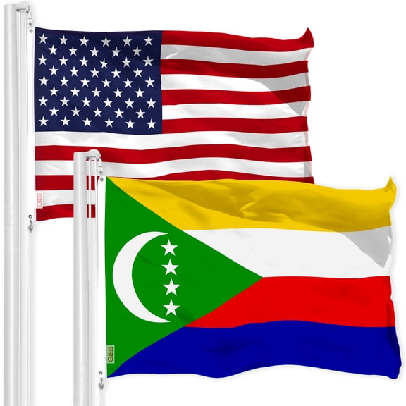 G128 Combo Pack: American USA Flag 3x5 Ft & Comoros Comorian Flag 3x5 Ft | Both LiteWeave Pro Series Printed 150D Polyester, Brass Grommets