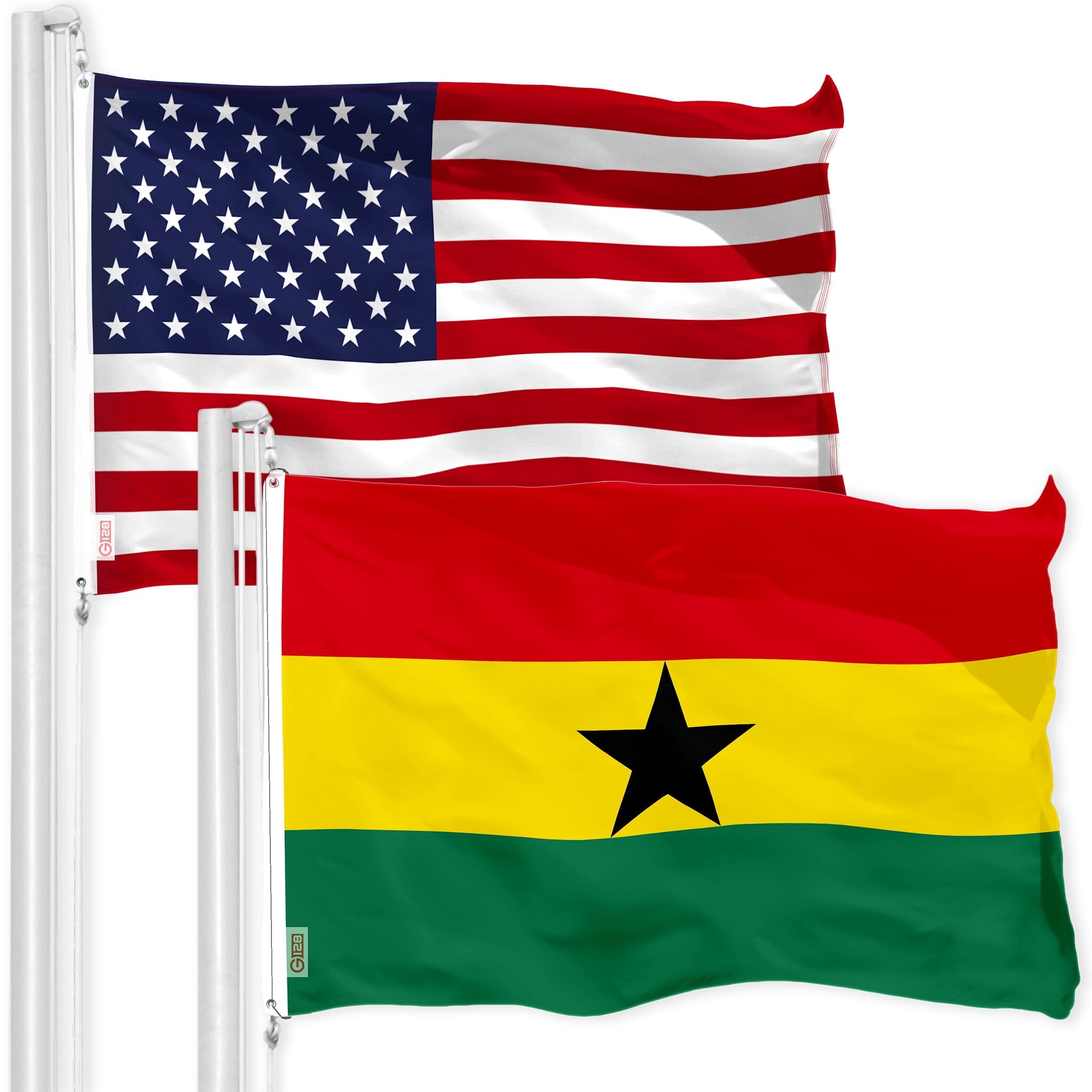 G128 Combo Pack: American USA Flag 3x5 Ft & Ghana Flag 3x5 Ft, Both Printed 150D Polyester, Indoor/Outdoor, Brass Grommets