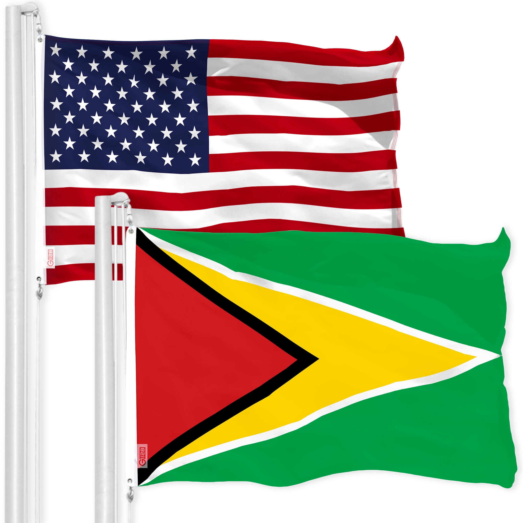 G128 Combo Pack: American USA Flag 3x5 Ft & Guyana Guyanese Flag 3x5 Ft | Both LiteWeave Pro Series Printed 150D Polyester, Brass Grommets