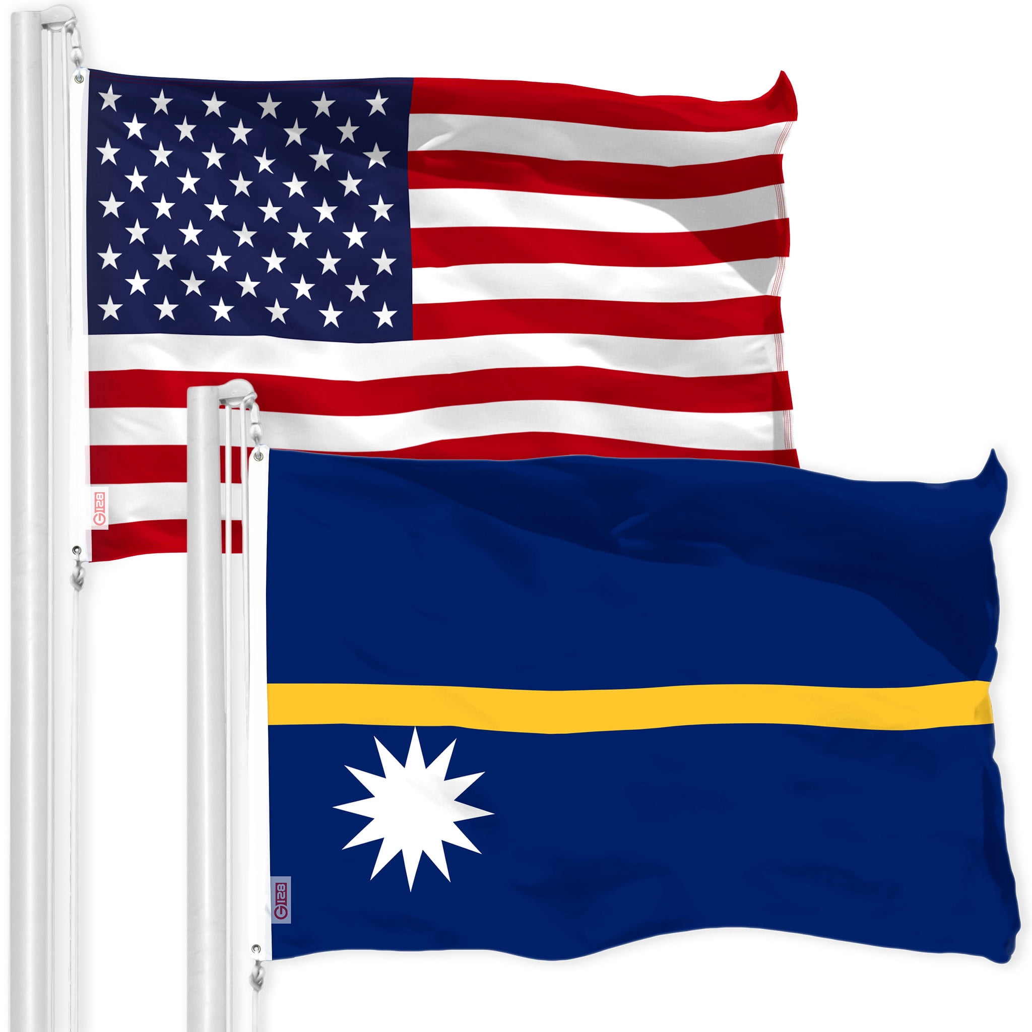 G128 Combo Pack: American USA Flag 3x5 Ft & Nauru Nauruan Flag 3x5 Ft | Both LiteWeave Pro Series Printed 150D Polyester, Brass Grommets