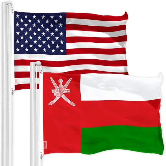 G128 Combo Pack: American USA Flag 3x5 Ft & Oman Flag 3x5 Ft, Both Printed 150D Polyester, Indoor/Outdoor, Brass Grommets