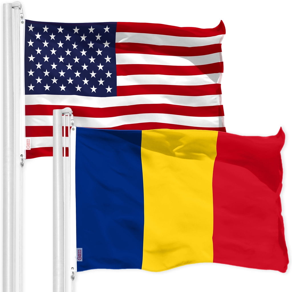 G128 Combo Pack: American USA Flag 3x5 Ft & Romania Flag 3x5 Ft, Both Printed 150D Polyester, Indoor/Outdoor, Brass Grommets