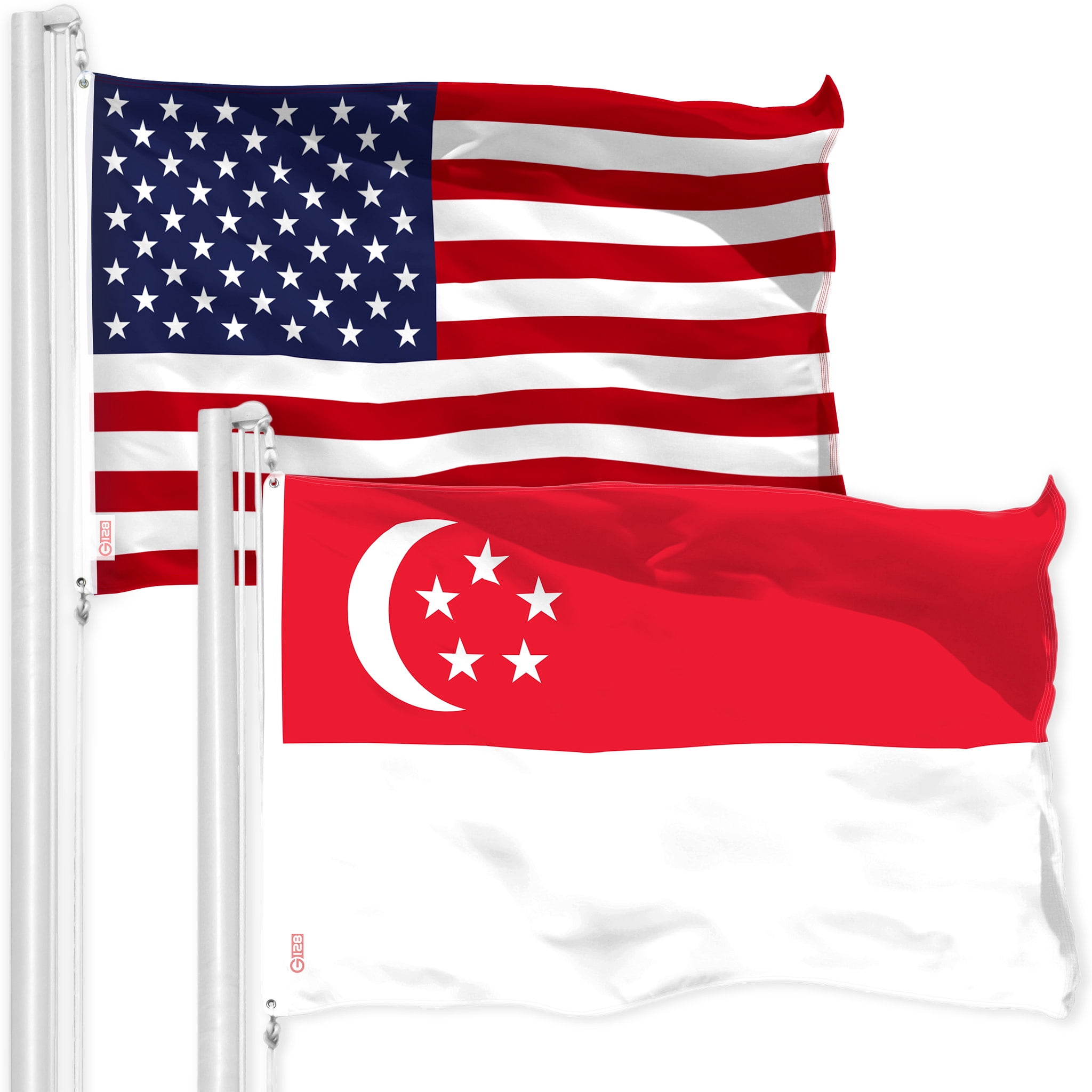 G128 Combo Pack: American USA Flag 3x5 Ft & Singapore Singaporean Flag 3x5 Ft | Both LiteWeave Pro Series Printed 150D Polyester, Brass Grommets