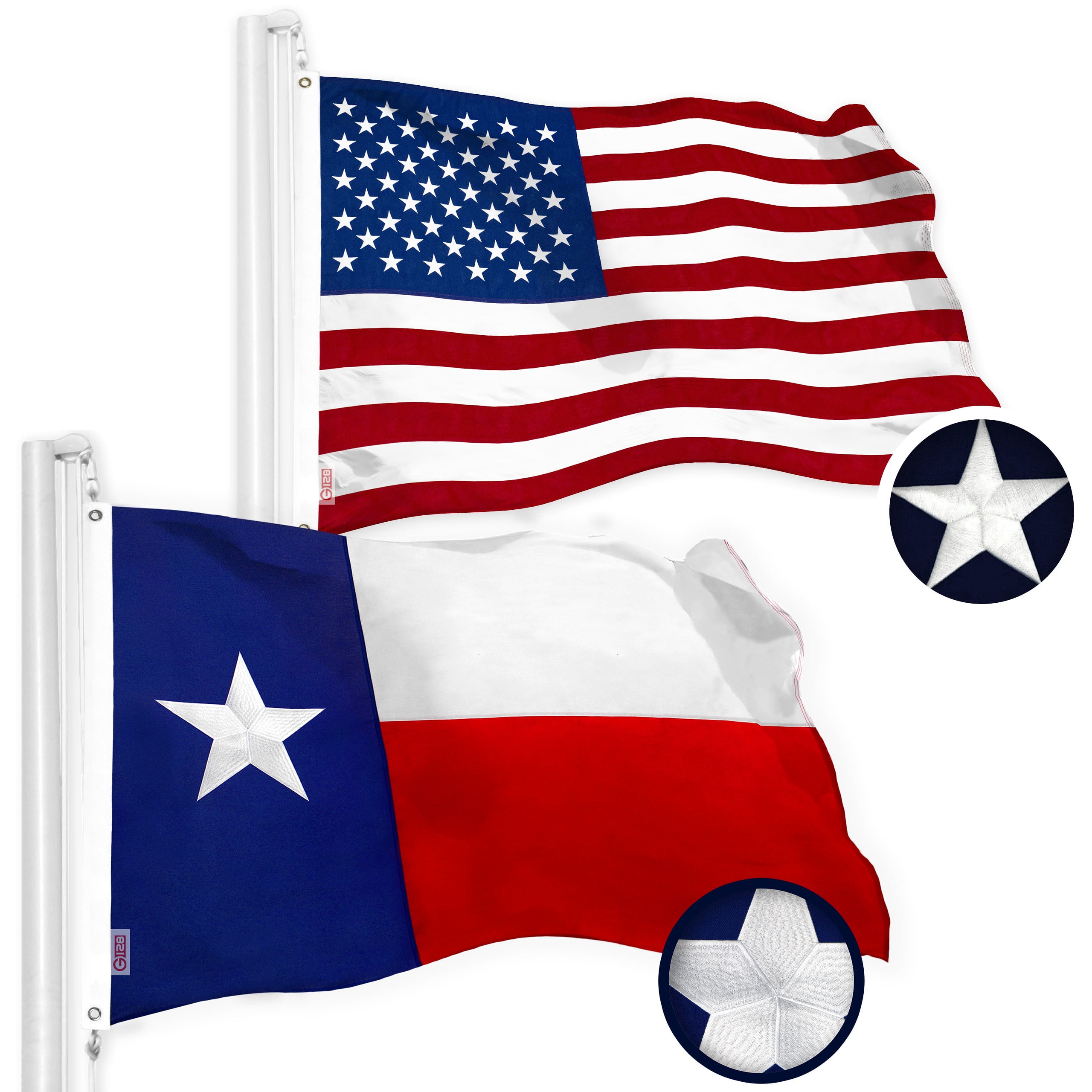 G128 Combo Pack: American USA Flag 3x5 Ft & Texas TX State Flag 3x5 Ft | Both StormFlyer Series Embroidered 220GSM Spun Polyester, Brass Grommets