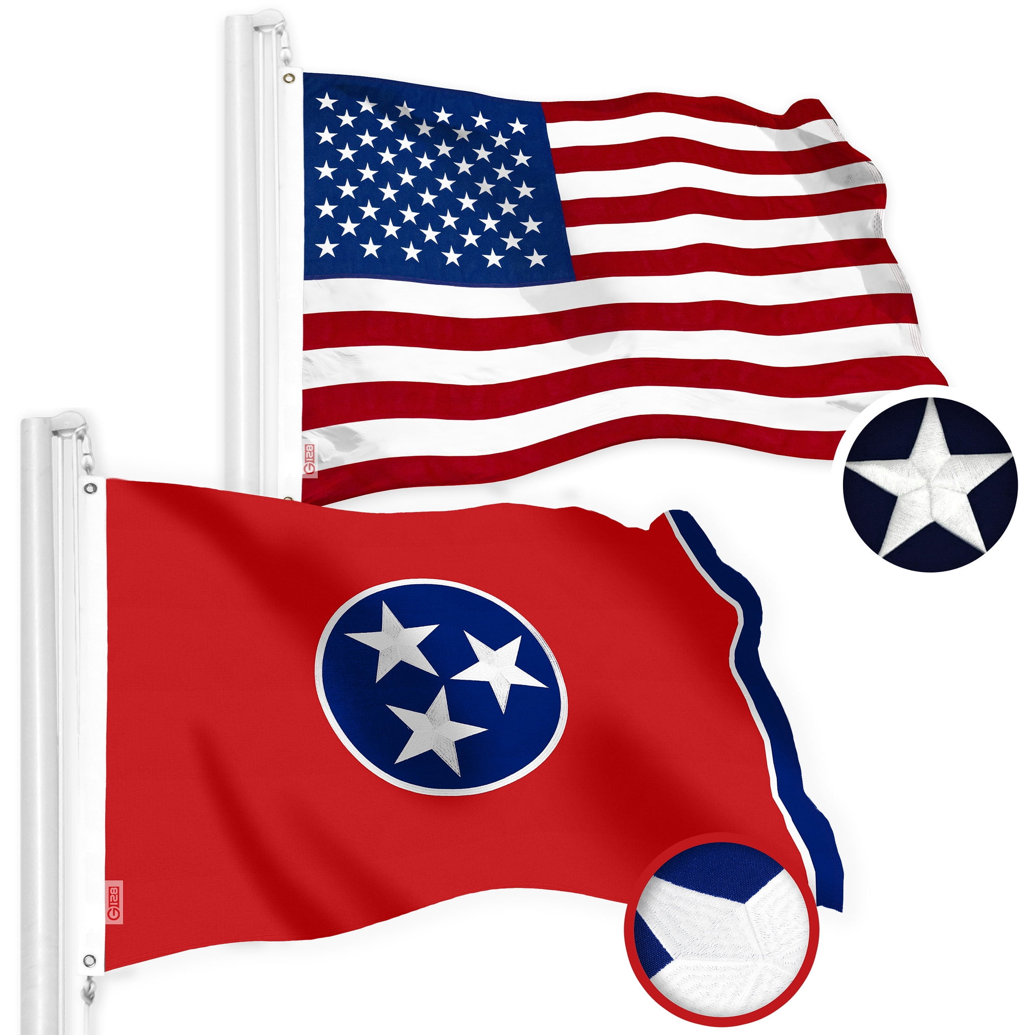 G128 Combo Pack: American USA Flag 4x6 Ft & Tennessee Flag 4x6 Ft, Both Embroidered SPUN Polyester, Indoor/Outdoor, Brass Grommets