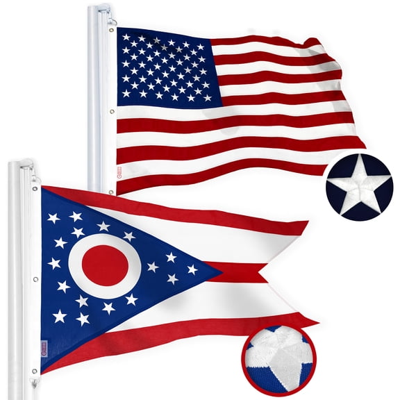 G128 Combo Pack: American USA Flag 5x8 Ft & Ohio OH State Flag 5x8 Ft | Both StormFlyer Series Embroidered 220GSM Spun Polyester, Brass Grommets