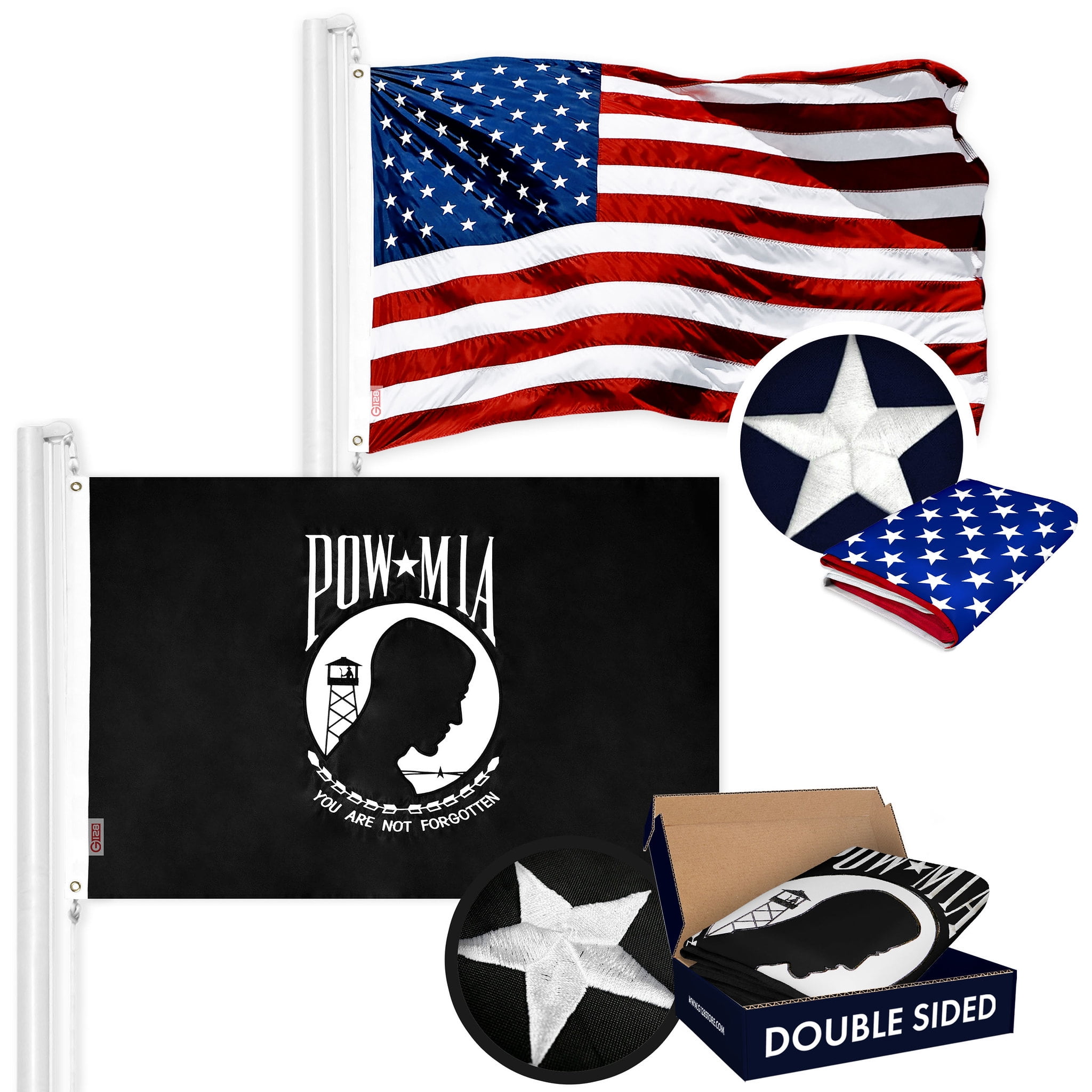G128 Combo Pack: American USA Flag ToughWeave Series 2x3 Ft Single Sided & POW MIA Flag Double Sided 2x3 Ft Double ToughWeave Series | Both Embroidered Polyester, Brass Grommets