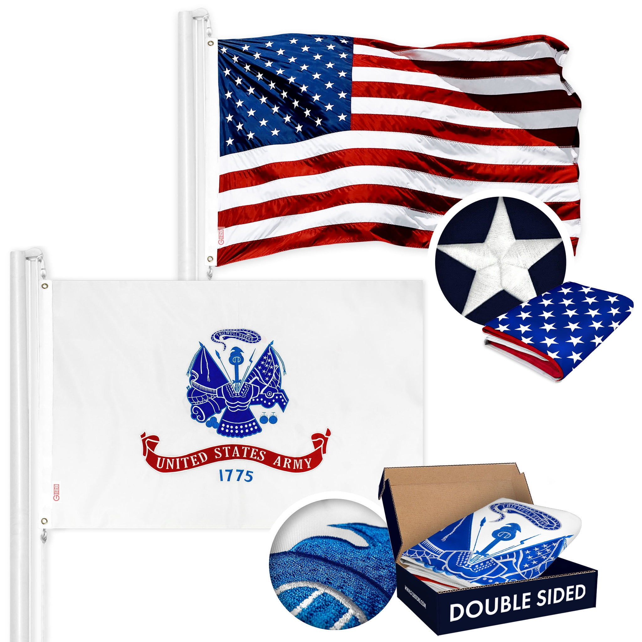 G128 Combo Pack: American USA Flag ToughWeave Series 2x3 Ft Single Sided & US Army Flag Double Sided 2x3 Ft Double ToughWeave Series | Both Embroidered Polyester, Brass Grommets