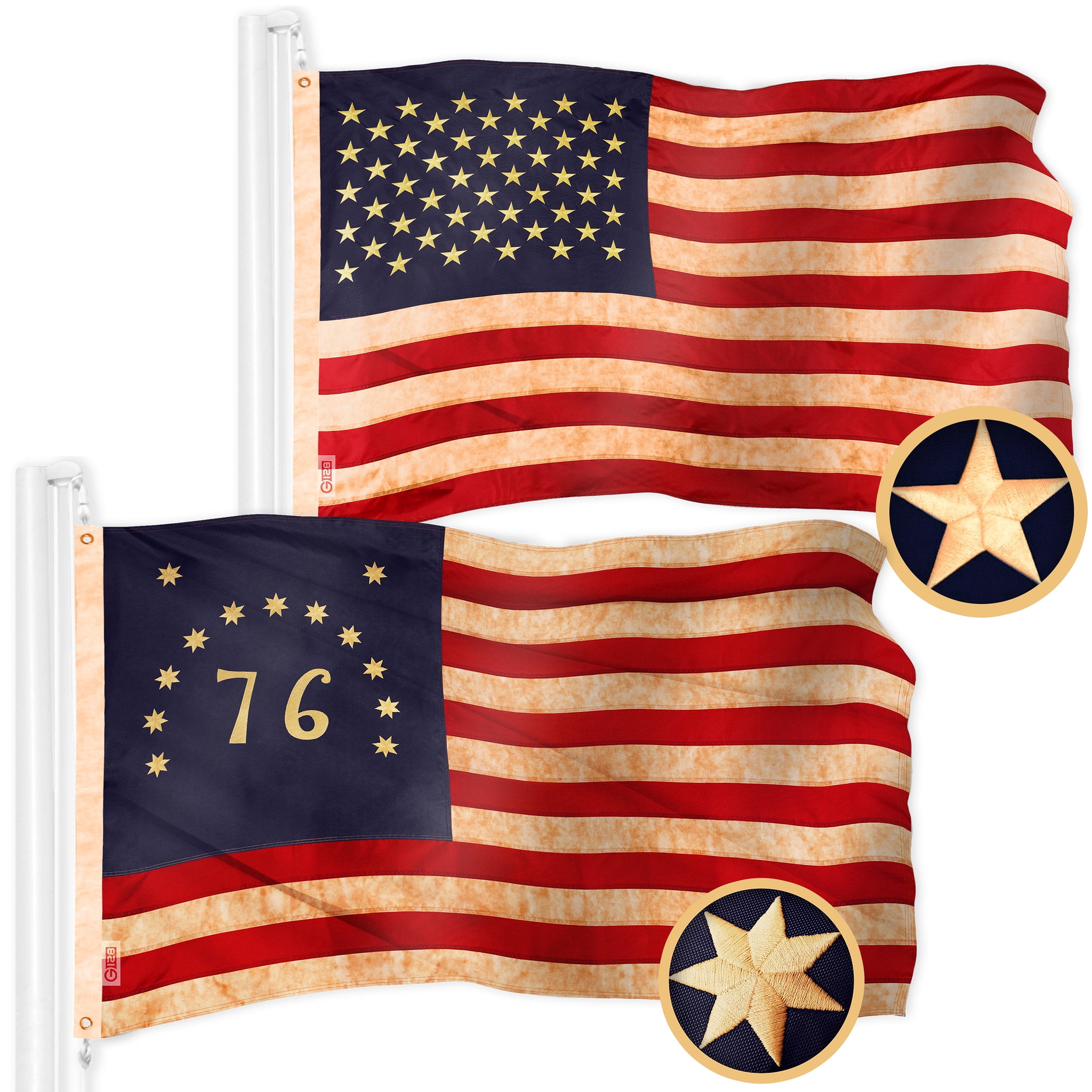 G128 Combo Pack: American USA Tea-Stained Flag 2x3 Ft & Bennington 76 Tea-Stained Flag 2x3 Ft | Both ToughWeave Pro Series Embroidered 420D Polyester, Embroidered Design, Brass Grommets