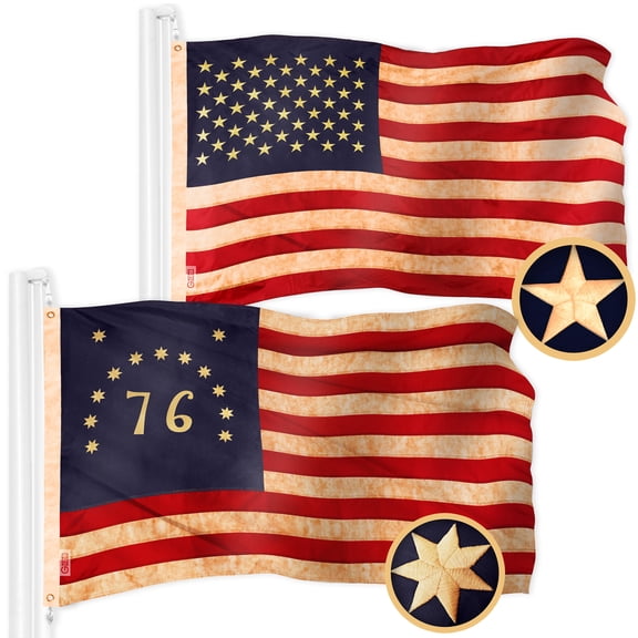 G128 Combo Pack: American USA Tea-Stained Flag 3x5 Ft & Bennington 76 Tea-Stained Flag 3x5 Ft | Both ToughWeave Pro Series Embroidered 420D Polyester, Embroidered Design, Brass Grommets