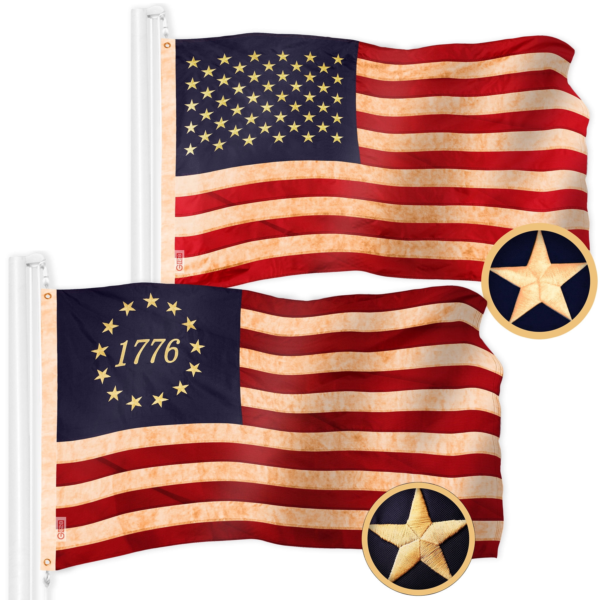 G128 Combo Pack: American USA Tea-Stained Flag 4x6 Ft & 1776 Tea-Stained Flag 4x6 Ft | Both ToughWeave Pro Series Embroidered 420D Polyester, Embroidered Design, Indoor/Outdoor, Brass Grommets