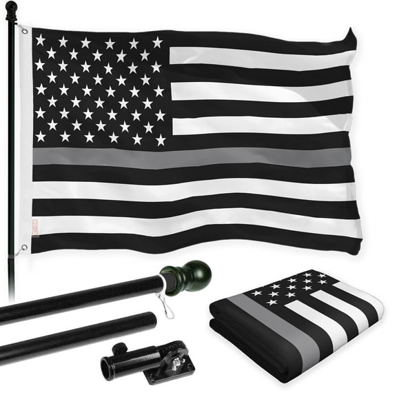 G128 Combo Pack: Flag Pole 6 FT Black Tangle Free & Thin Gray Line Flag 3x5 FT Brass Grommets Printed Polyester (Flag Included) Aluminum Flag Pole
