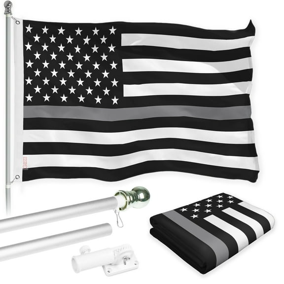 G128 Combo Pack: Flag Pole 6 FT Silver Tangle Free & Thin Gray Line Flag 3x5 FT Brass Grommets Printed Polyester (Flag Included) Aluminum Flag Pole