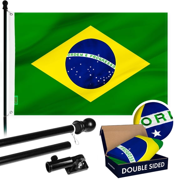 G128 Combo Pack: Flag Pole 6Ft Black Tangle Free & Brazil Brazilian Flag 3x5FT Double Sided Embroidered