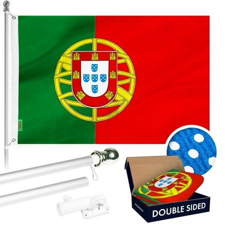 G128 Combo Pack: Flag Pole 6Ft Silver Tangle Free & Portugal Portuguese Flag 3x5FT Double Sided Embroidered