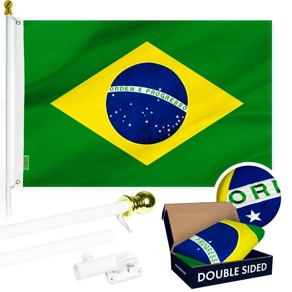 G128 Combo Pack: Flag Pole 6Ft White Tangle Free & Brazil Brazilian Flag 3x5FT Double Sided Embroidered