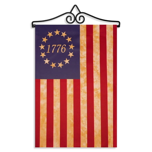 G128 Combo Pack Garden Flag Hanger 14IN & Garden Flag Betsy Ross 1776 Tea Stained 12x18IN Printed Double Sided Blockout Fabric