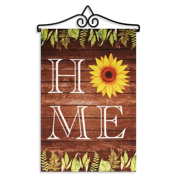 G128 Combo Pack Garden Flag Hanger 14IN & Garden Flag Home Sunflower on Rustic Wood 12x18IN Printed Double Sided Blockout Fabric