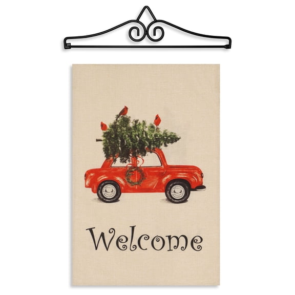 G128 Combo Pack Garden Flag Hanger 14IN & Garden Flag Xmas Tree on Car 12x18IN Printed Double Sided Blockout Fabric