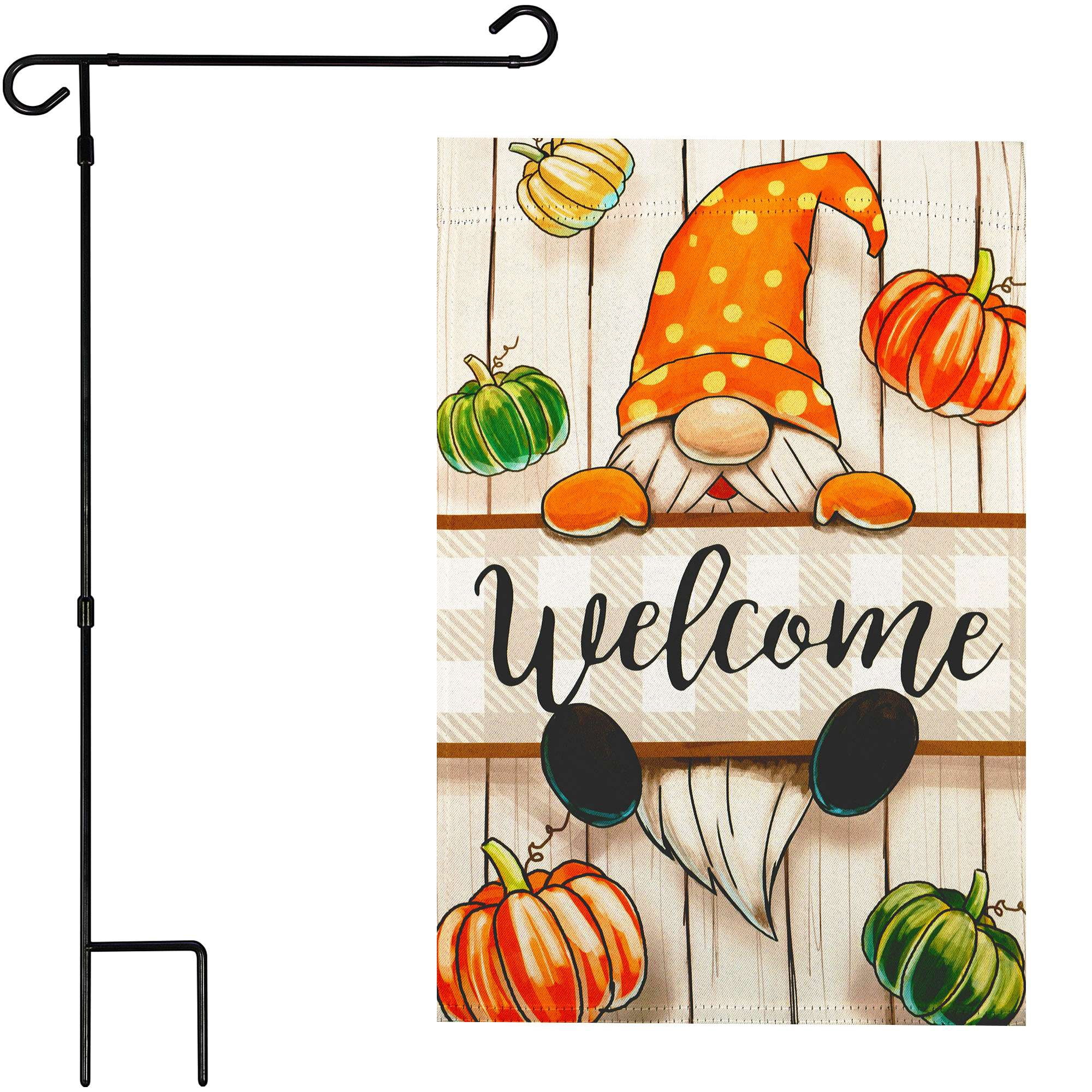 G128 Combo Pack: Garden Flag Stand 36x16IN & Garden Flag Autumn Welcome Gnome Printed 12x18IN Double Sided