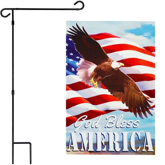 G128 Combo Pack: Garden Flag Stand 36x16IN & Garden Flag God Bless America with Eagle Printed 12x18IN Double Sided