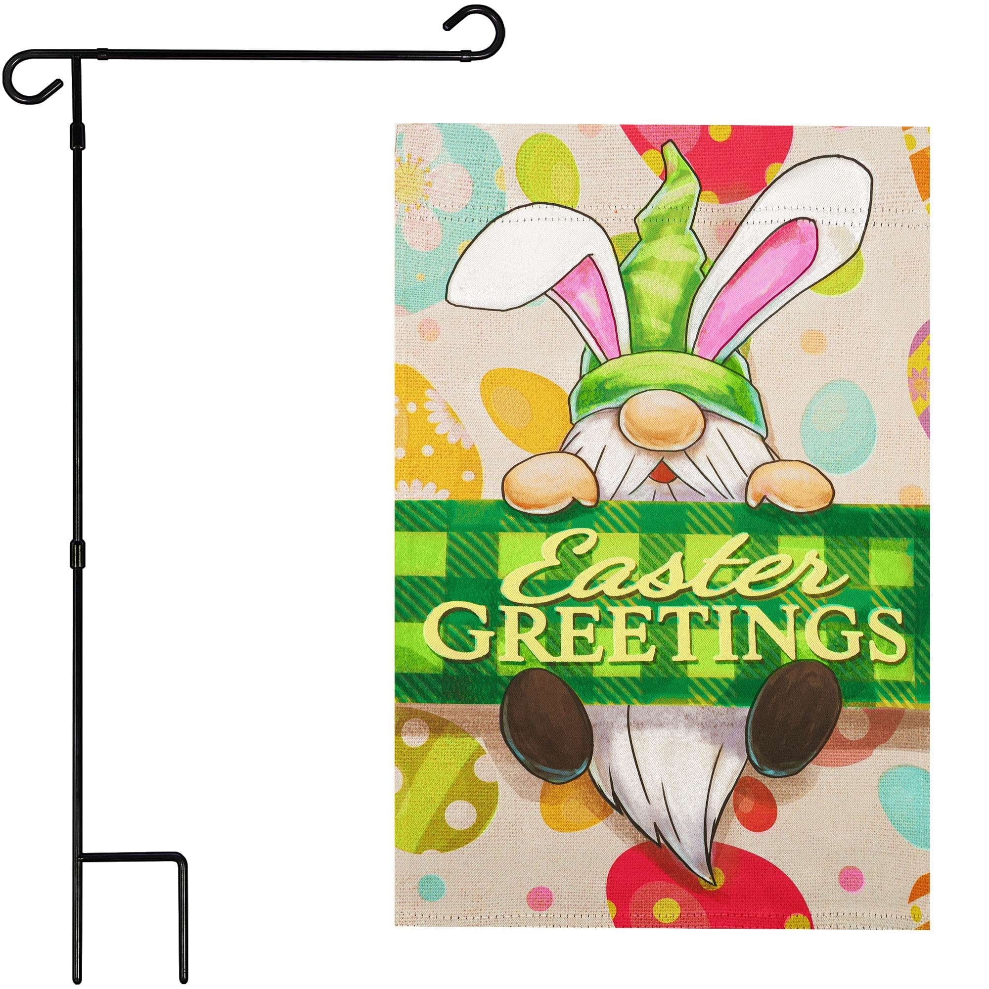 G128 2sets: 36"x16" Flag Stand & 12"x18" Gnome Greetings Double Sided Easter Garden Flag Decoration